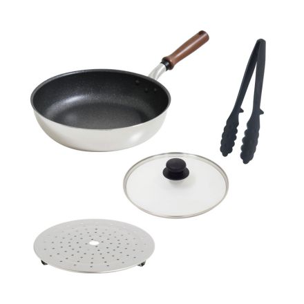 ウルシヤマ金属工業 UMIC IH-ガット フライパン 26cm 蒸しプレート ガラス蓋 トングセット 72058