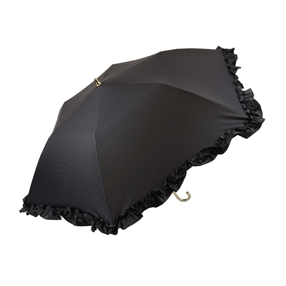 完全遮光 遮光率100% UVカット100% 晴雨兼用 軽量 スリム三段 折りたたみ傘 uchimizu ウチミズ フリル ブラック