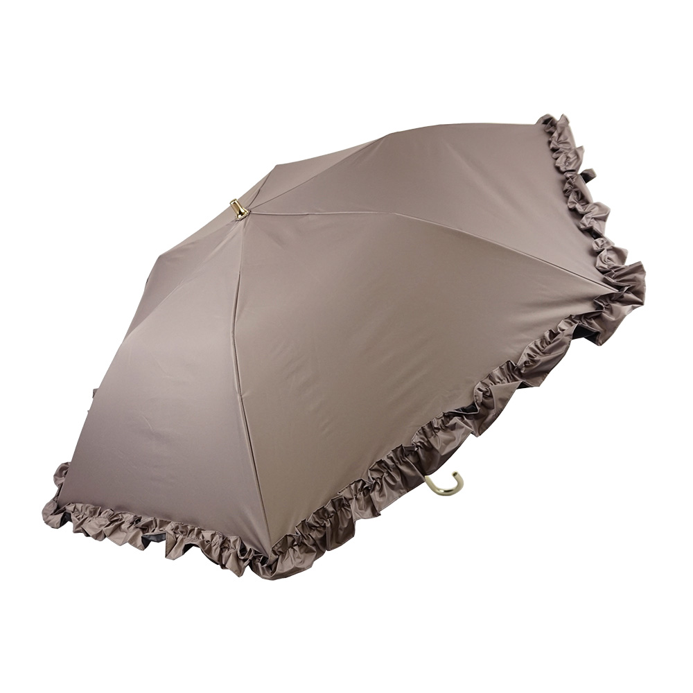 完全遮光 遮光率100% UVカット100% 晴雨兼用 軽量 スリム三段 折りたたみ傘 uchimizu ウチミズ フリル モカ