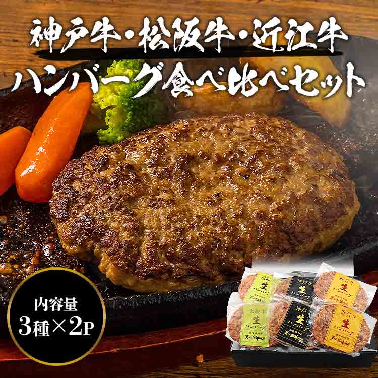 三大銘柄牛 神戸牛 松阪牛 近江牛 生ハンバーグ ステーキ 食べ比べセット 6食セット