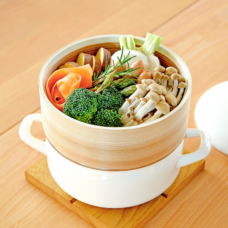 富士ホーロー せいろ付きホーロー鍋 18cm せいろ2段 グレージュ SER-18W SERS-18 / IH対応 ガス火対応 食洗機対応 両手鍋 せいろ蒸し