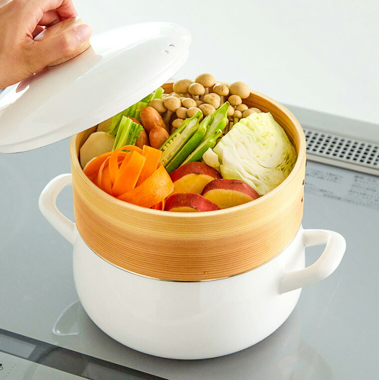 富士ホーロー せいろ付きホーロー鍋 20cm せいろ2段 グレージュ SER-20W SERS-20 / IH対応 ガス火対応 食洗機対応 両手鍋 せいろ蒸し