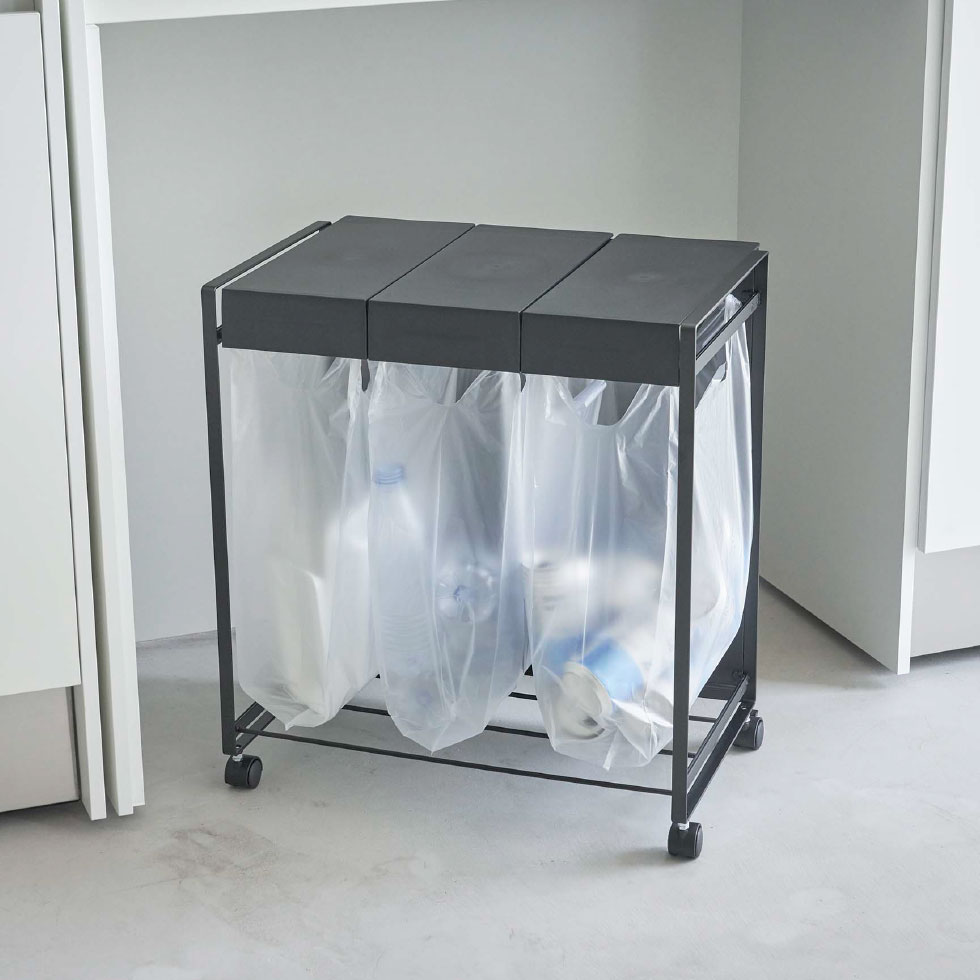 山崎実業 公式 tower 蓋付き目隠し分別ダストワゴン タワー 3分別 ダストワゴン ブラック 5978