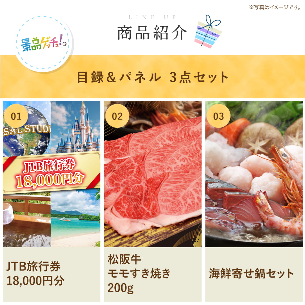 景品パネル・目録 【景品3点セット( 旅行券 / 松阪牛 モモすき焼き 200g / 大分海鮮寄せ鍋 ） 】（ セット景品 ） 景品ゲッチュ！