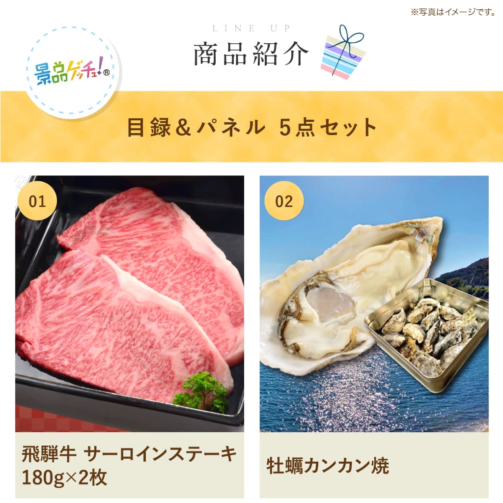景品パネル・目録 【景品5点セット( 飛騨牛 / 牡蠣 / こしひかり ） 】（ セット景品 ） 景品ゲッチュ！