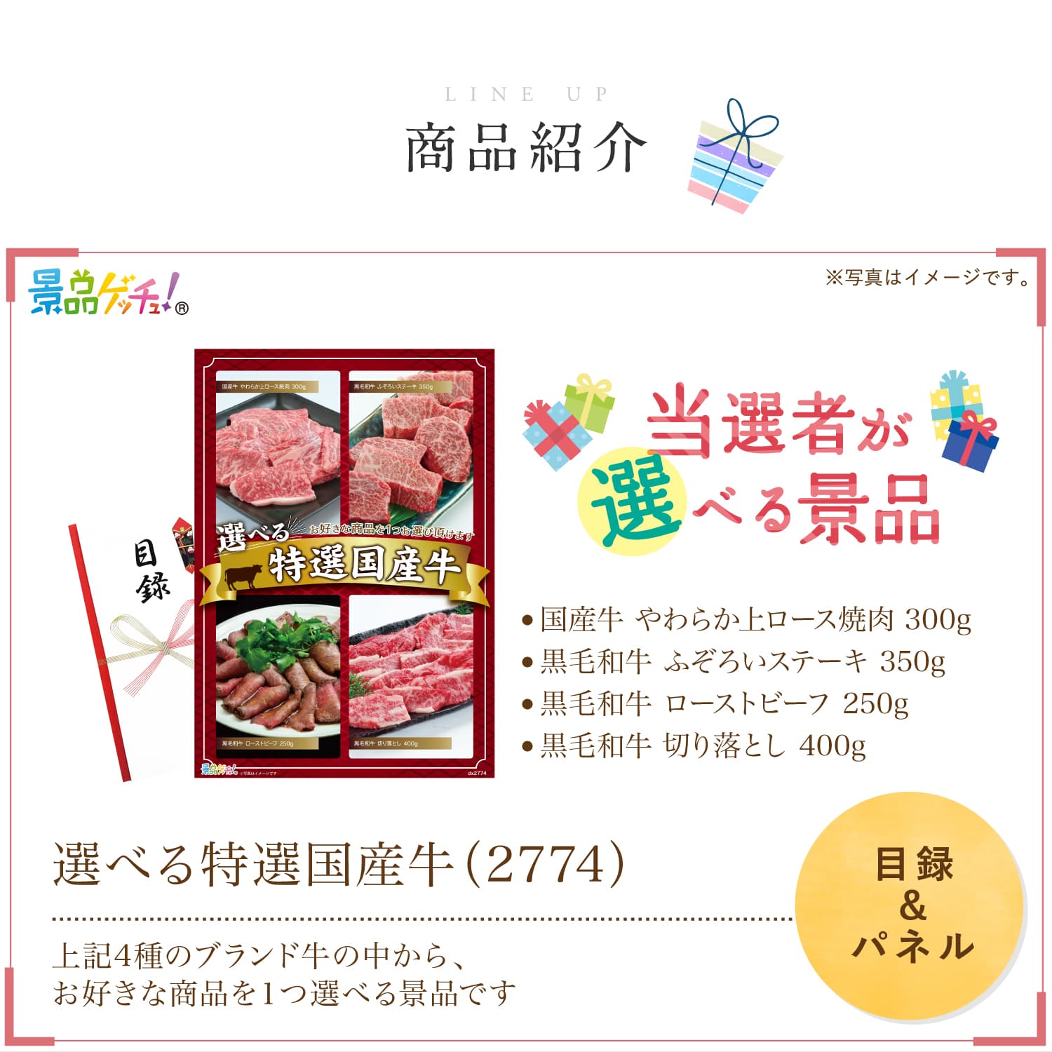 景品パネル・目録 【 選べる国産牛 （黒毛和牛/焼肉/ローストビーフ/切り落とし） （ 単品景品 ） 】 景品ゲッチュ！
