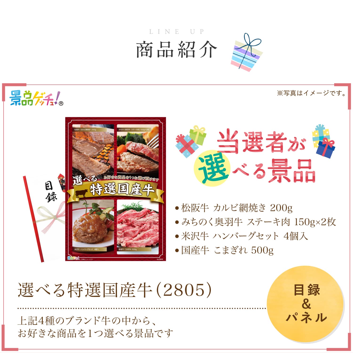 景品パネル・目録 【 選べる特選牛（松阪牛/米沢牛 ハンバーグ/みちのく奥羽牛/国産牛） （ 単品景品 ） 】 景品ゲッチュ！