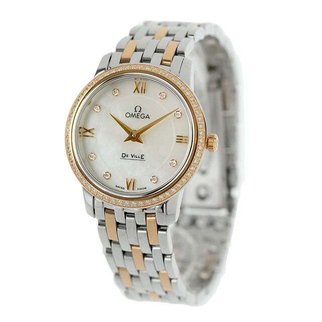 オメガ デ・ヴィル プレステージ 27.4mm クォーツ 電池式 腕時計 レディース ダイヤモンド OMEGA 424.25.27.60.55.002 アナログ ホワイトシェル シルバー レッドゴールド 白 スイス製 高級 ブランド おしゃれ 防水 軽い 華奢 プレゼント 女性 実用的
