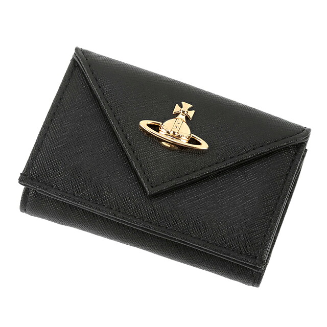 ヴィヴィアン ウエストウッド 三つ折り財布 コンパクト 三折財布 レディース ブランド Vivienne Westwood SAFFIANO 革 レザーウォレット 小銭入れあり ロゴ 51150009 L001N N403 BLACK GOLD ビビアン 高級 おしゃれ プレゼント 実用的