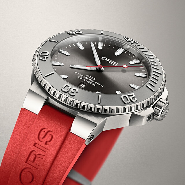 オリス アクイスデイト レリーフ 43.5mm 自動巻き 腕時計 ブランド メンズ ORIS 01 733 7789 4153-07 4 23 36FC アナログ グレー レッド 赤 スイス製 高級 おしゃれ 防水 プレゼント 男性 実用的