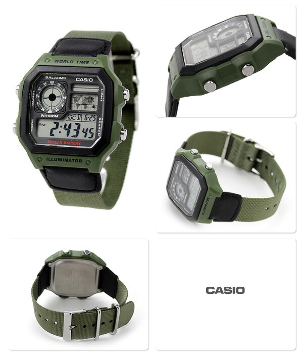 カシオ 腕時計 チープカシオ 海外モデル メンズ クオーツ AE-1200WHB-3BVCF CASIO グリーン ナイロンベルト チプカシ 時計 おしゃれ デジタル 学生