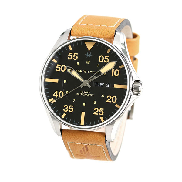 ハミルトン カーキ 腕時計 メンズ H64725531 HAMILTON 時計 アビエーション パイロット デイデイト 46mm 自動巻き ブラック ブラウン ブランド おしゃれ 防水 プレゼント 男性 実用的