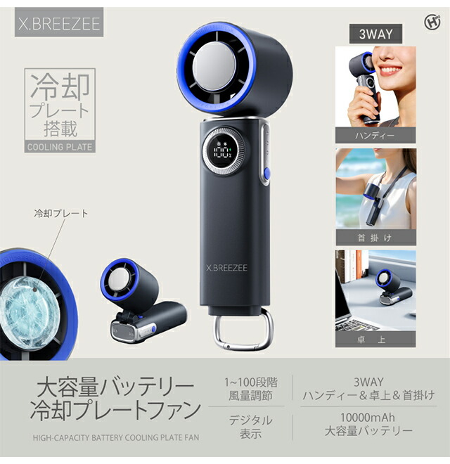 2026最新 ハンディファン 大容量 10000mAh 冷却プレート搭載 100段階 強風 静音 3WAY Type-C USB 充電式 ハンディ扇風機 手持ち扇風機 携帯扇風機 ミニ扇風機 卓上扇風機 首掛け 首かけ カラビナ 熱中症対策 HDL-3625