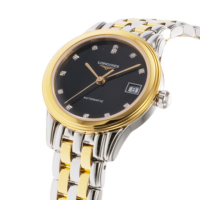 ロンジン フラッグシップ 自動巻き 腕時計 ブランド レディース ダイヤモンド LONGINES L4.274.3.57.7 アナログ ブラック シルバー ゴールド 黒 スイス製 おしゃれ 防水 かわいい プレゼント 女性 実用的
