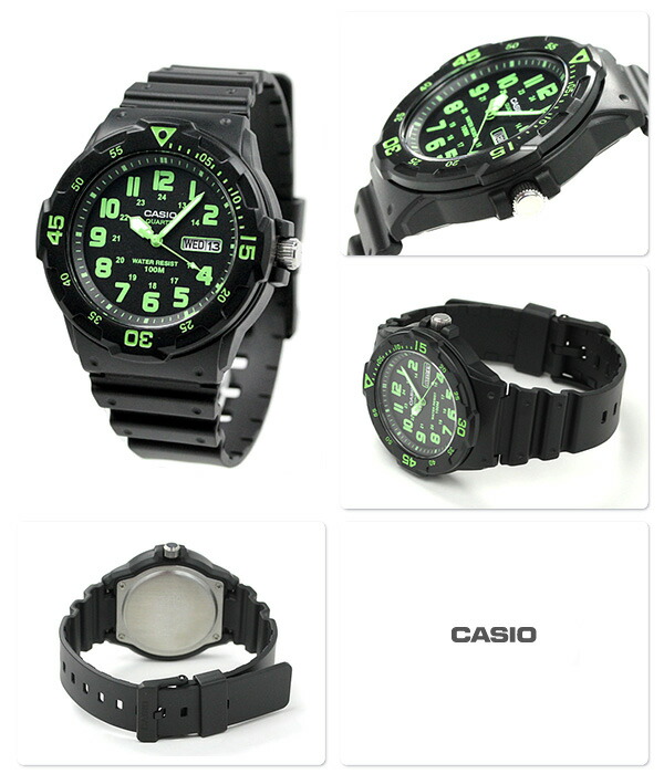 カシオ 腕時計 チープカシオ デイデイト 海外モデル オールブラック グリーン CASIO アウトドア MRW-200H-3BVDF チプカシ 時計 ブランド おしゃれ 防水 小さい 軽い かっこいい プレゼント 男性 実用的