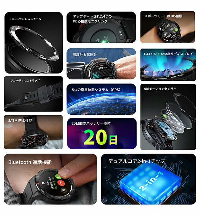 ミブロ Mibro GS Pro 充電式クオーツ スマートウォッチ ブランド メンズ Bluetooth mibro SP380009-C01 デジタル ブラック 黒 プレゼント 実用的