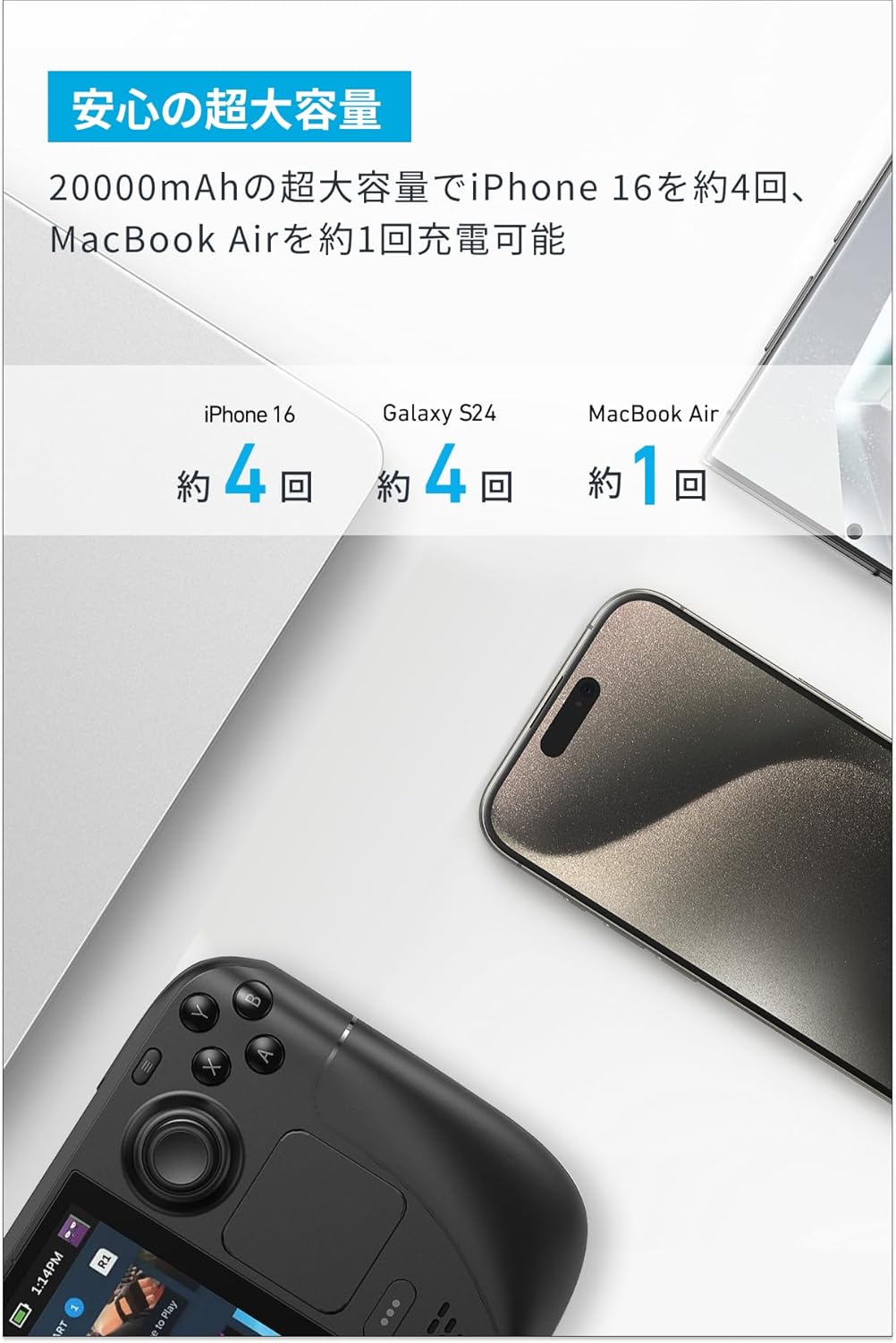 Anker Power Bank (20000mAh, 87W, Built-In USB-C ケーブル) ブラック