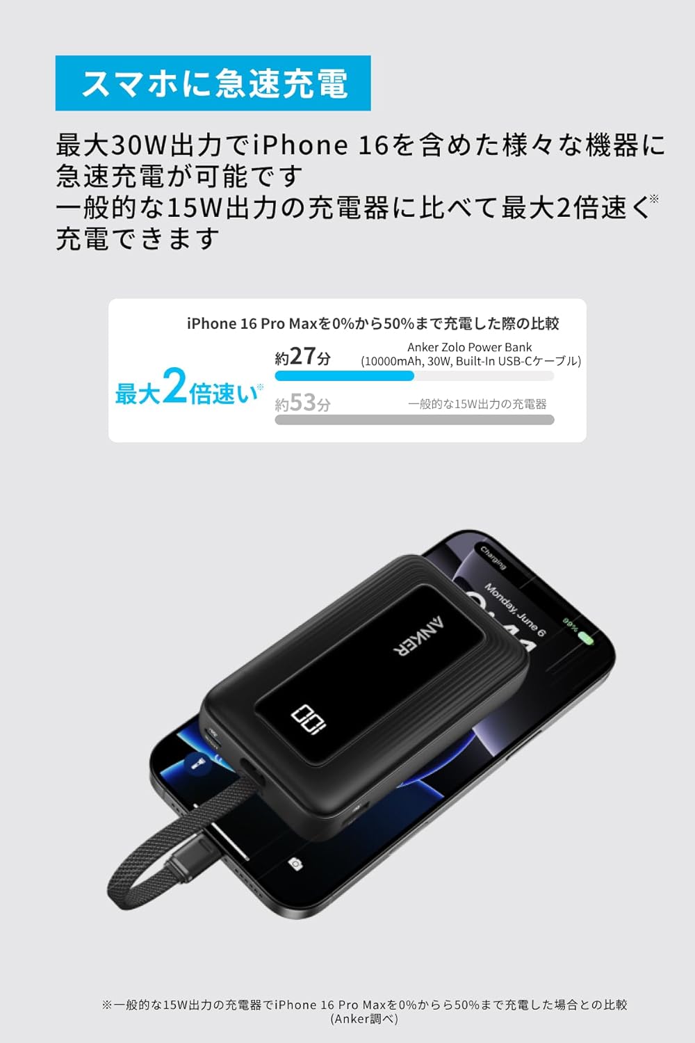 Anker Zolo Power Bank (10K, 30W, Built-In USB-C Cable)ブラック