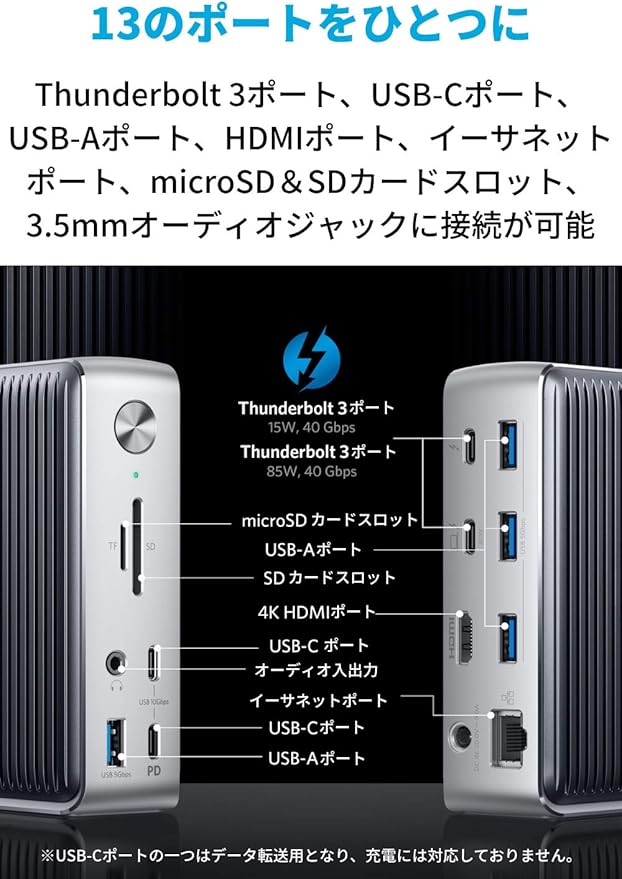 Anker PowerExpand Elite 13-in-1 Thunderbolt 3 Dock ドッキングステーション 85W出力 USB Power Delivery 対応 USB-Cデータ & 充電ポート USB-A 4K対応 HDMI 1Gbps イーサネット 3.5mmオーディオジャック microSD＆SDカード スロット搭載