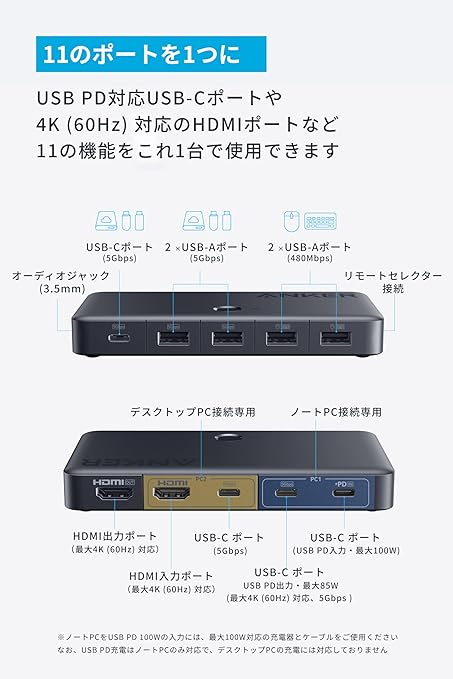 Anker KVM Switch (4K, For デスクトップ & ノートPC) 11-in-1 切替器100W PD対応 4K 60Hz HDMIポート 5Gbps高速データ転送 USB-A,Cポート搭載 ワンクリックで2台のパソコンを簡単切替 MacBook/iPad/Dell/Steam Deck 他対応