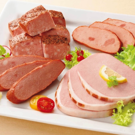 お中元熨斗付き 煌彩ギフトセット（ＭＶ－495） 特撰ロースハム180g、直火焼焼豚・あぶり焼ハーブローフ 各170g、黒胡椒ミートローフ160g、特撰ハーブ＆レモンウインナー80g 御中元 夏ギフト ギフト 贈答