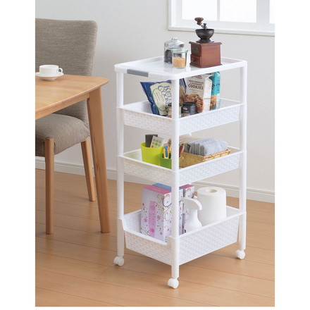 ワイドワゴンラック 4段 幅48cm 収納 ワゴン キャスター付き コロ付き 組み立て式 樹脂製 軽い 軽量 キッチン