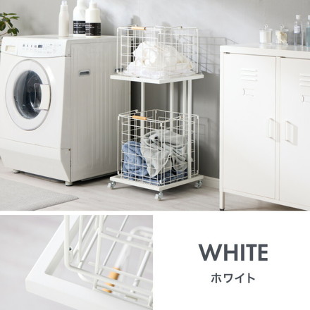 ランドリーバスケット 2段 木取っ手 角型 ランドリーワゴン 洗濯かご キャスター付き スリム スクエアタイプ ブラック