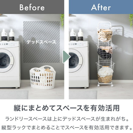 ランドリーバスケット 3段 木取っ手 丸型 ランドリーワゴン 洗濯かご キャスター付き スリム 円形 ランドリーラック ホワイト