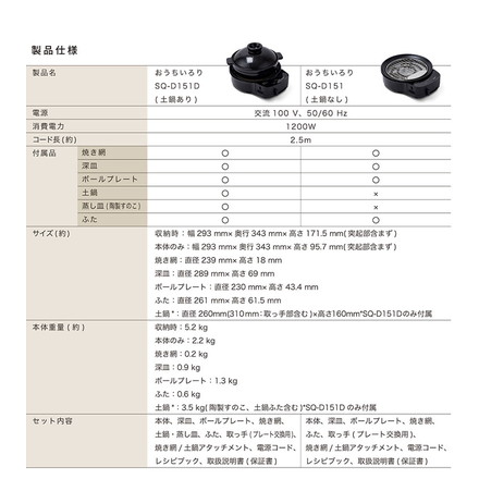 siroca おうちいろり SQ-D151D 土鍋あり 卓上調理器 伊賀焼窯元 長谷園製土鍋 減煙構造 高火力 コンパクト収納 SQ-D151D