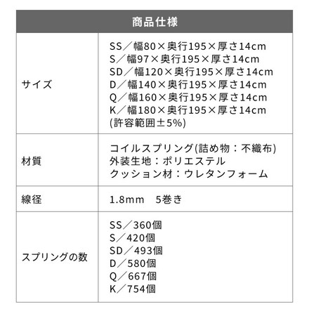 ポケットコイル マットレス ダブル 厚さ14cm ホワイト