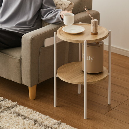 サイドテーブル おしゃれ 2段 幅37cm 高さ52cm コンパクト テーブル ミニテーブル 丸 ラウンド ナイトテーブル ブラウン