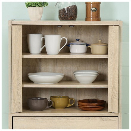 キッチンキャビネット 幅60cm ミドルサイズ ホワイトオーク 木目調 北欧 ガラス扉 食器棚 キッチン収納 大容量
