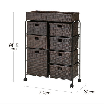 キャスター付きラタン調サニタリー収納 幅70cm ワイド 大容量 引き出し サニタリーチェスト ブラウン