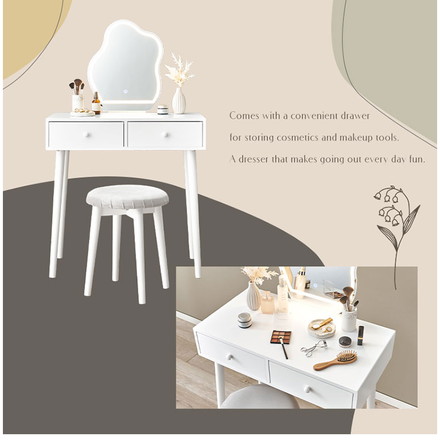 ドレッサー 幅75cm ウェーブミラー LEDライト付き スツール付き ドレッサーセット 引き出し 引出し デスク 机