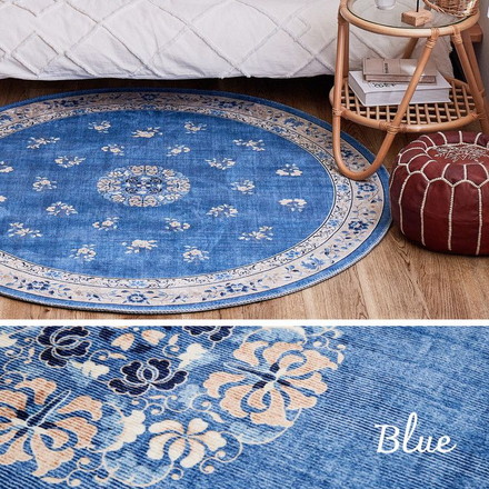 洗える 花柄フランネルラグ ミュゲ 円形 直径140cm 手洗いOK 滑り止め付き フェミニン シノワズリ 転写 韓国インテリア ブルー[240632503]