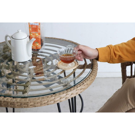 ラタン調 ガラス天板 カフェテーブル 幅59.5 スチール脚 PEラタン サイドテーブル