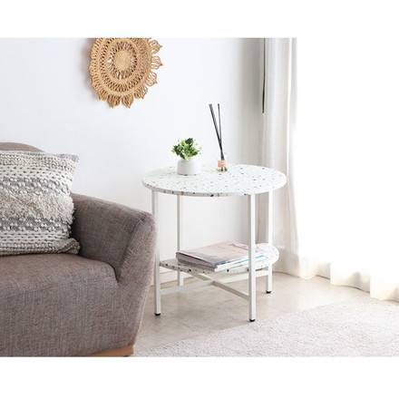 サイドテーブル 幅60cm 円形テーブル 棚付き テラゾー柄 丸テーブル ソファサイド ベッドサイド テーブル 韓国インテリア 韓国 北欧