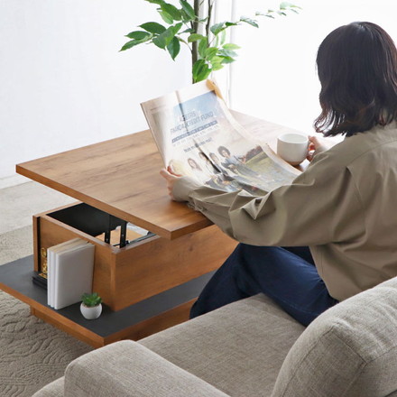 リフトアップテーブル 幅90cm センターテーブル 日本製 完成品 昇降式 ソファテーブル ブラウン