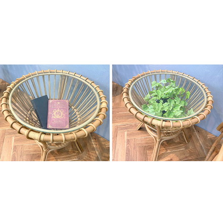 ラタン センターテーブル 円型 幅52.5cm ガラス天板 ナチュラル リビングテーブル