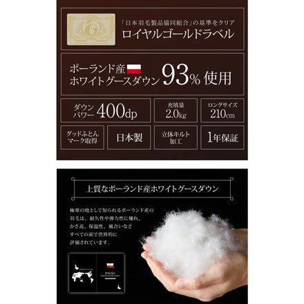 日本製 羽毛布団 キング ロイヤルゴールドラベル ポーランド産ホワイトグースダウン93% 400dp 充填量2kg