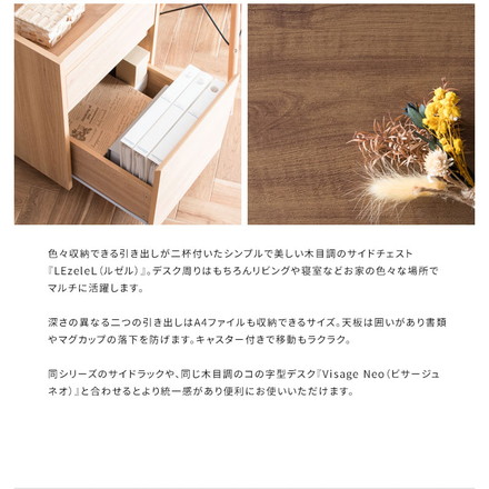 キャスター付き サイドチェスト Lezele ルゼル 2段 引き出し デスクワゴン デスク下収納 サイドワゴン ブラウン