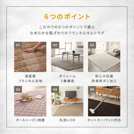 ストライプ フランネル キルトラグ 190×190cm 洗える防菌 防臭 防ダニ 床暖房対応 ホットカーペット対応 ホワイトアイボリー