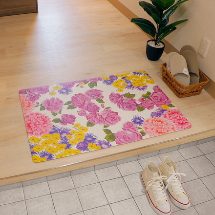 ベストコ 玄関マット 室内 60×90cm お手入れ簡単 防炎 防カビ 抗菌 防臭 フラワリー 花柄 ND-5191