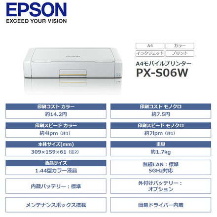 エプソン A4モバイルインクジェットプリンター PX-S06B ブラック