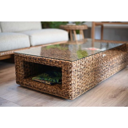 リビングテーブル 120cm幅 センターテーブル ガラステーブル ラタン バナナリーフ アジアン ナチュラル