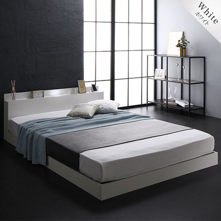 ベッド セミシングル 国産ポケットコイルマットレス付き ホワイト 低床 照明 棚付 宮付