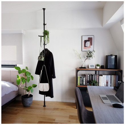 ポールハンガーセット フック大小2個入り コートハンガー 突っ張り棒 フック付き ハンガーラック ポールスタンド ブラック