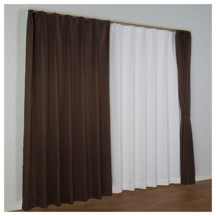 3級遮光 裏地付き カーテン ドレープカーテン 省エネ 節電 格子柄 遮光カーテン ウォッシャブル 洗える 柄カーテン ブラウン 幅100cm×丈135cm2枚組