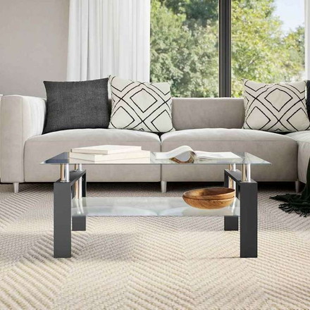 vidaXL コーヒーテーブル ブラック&透明 95x55x40cm 強化ガラス製家具 テーブル アクセントテーブル コーヒーテーブル