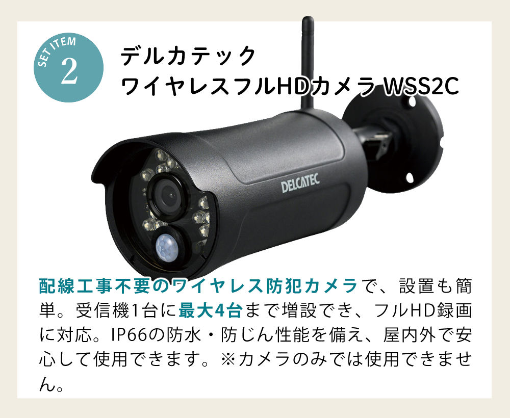 （防犯カメラセット）デルカテック ワイヤレスフルHDカメラ対応スマート受信BOX WSSNM ＆ 増設カメラ WSS2C ＆ HDMIケーブル2m ＆ microSDカード128GB